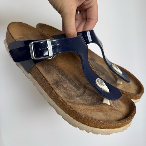 Birkenstock Navy Blue Gizeh Patent Leather Sandals Flip Flops 38 - Picture 1 of 10